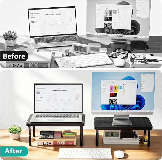 WALI Monitor Riser for Desk, 3 Height Adjustable Laptop Riser with Airflow Vents, Desk Organizer for Computer/Printer/Notebook, 2-Pack for Dual Monitor Setup, Black (PTT001‑2) - Image 3