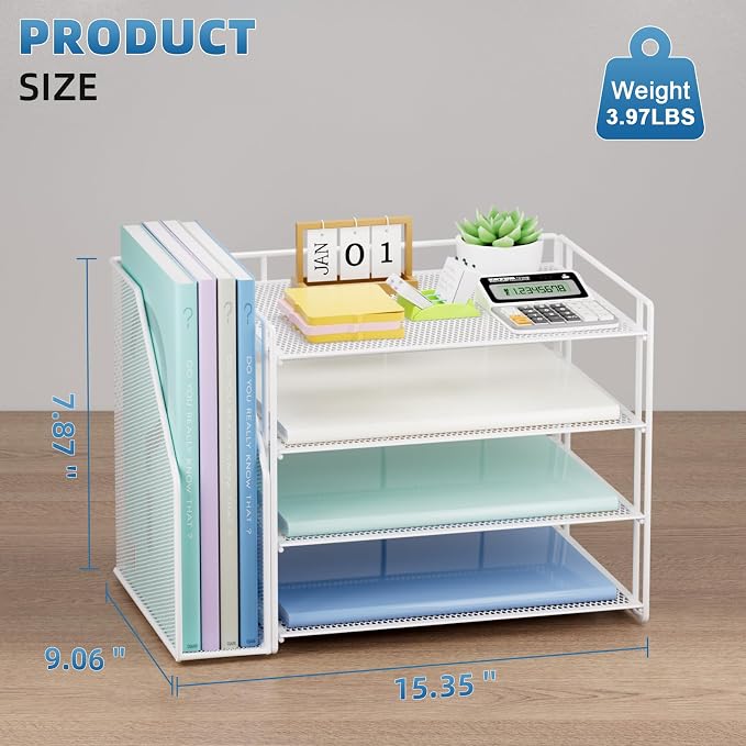 Marbrasse 4-Tier Paper Tray Organizer with File Holder, White | Sturdy Paper Tray, Built-in File Holder, fits Letters/Docs, Saves Desk Space, for School/Office/Home - Image 3