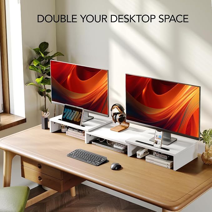 AMERIERGO Dual Monitor Stand Riser- 3 Shelf Screen Stand with Adjustable Length and Angle, 2 Extra Functional Slot Desktop Organizer Stand for PC, Computer, Laptop (White) - Image 3