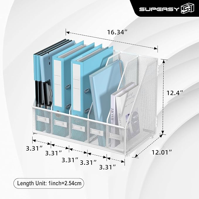 SUPEASY Desk Organizers Metal Desk Magazine File Holder with 5 Vertical Compartments Rack File Organizer for Office Desktop, Classroom, Home Workspace, White Plus - Image 3