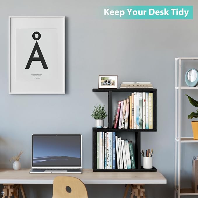 Desktop Bookshelf Shelf for Top of Desk - Black Small Organizer 3-Tier Shelves Storage Bookcase Hutch for Dorm Office College Table Top Organization Shelving Decorations for Women Office - Image 3