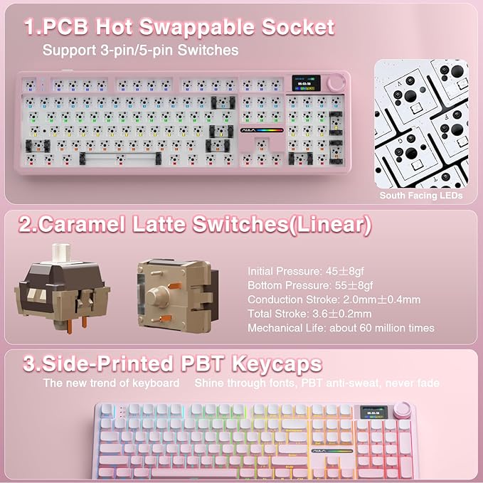 AULA F108 PRO - Wireless Mechanical Keyboard with Screen & Knob,Full Size Keyboard with 8000mAh Battery,Pre-lubed Switches,Side Printed PBT Keycaps,RGB Backlit Hot Swappable Custom Pink Keyboards - Image 5