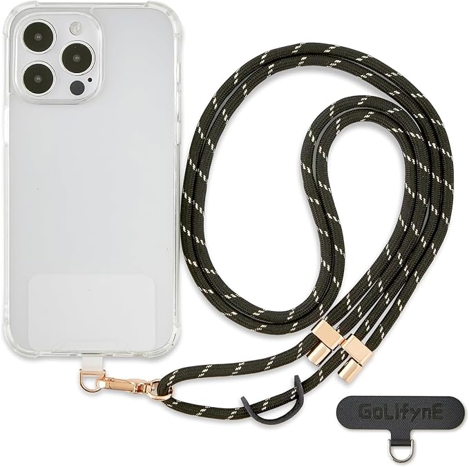 Universal Phone Lanyard, Anti-Theft Crossbody Strap for iPhone 16 Pro Max and Most Smartphone, Adjustable Cell Phone Neck Holder w/2 Non-Adhesive Tether Tab for Men and Women, Black-Gold/Gold by Golifyne