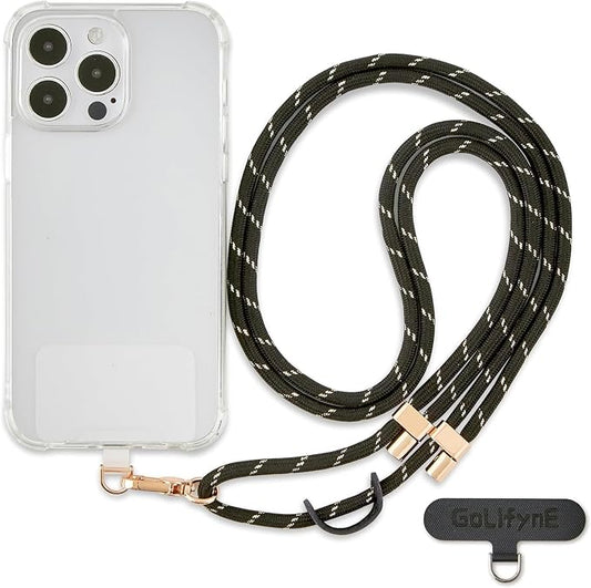 Universal Phone Lanyard, Anti-Theft Crossbody Strap for iPhone 16 Pro Max and Most Smartphone, Adjustable Cell Phone Neck Holder w/2 Non-Adhesive Tether Tab for Men and Women, Black-Gold/Gold by Golifyne