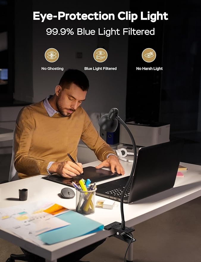 LiFMIRA Clip-on Reading Light - 3 Color Modes, 10 Dimmable Brightness,Black | Eye Care Clamp Desk Lamp with Flexible Gooseneck for Reading in Bed, Desk, Headboard, Computer - Image 3