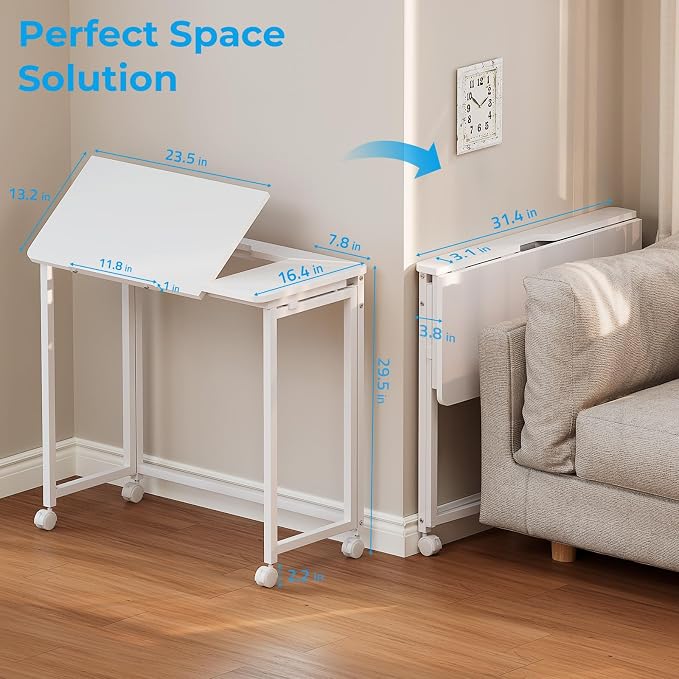 GreenForest Portable Folding Desk with Wheels, 31.5 inch Adjustable Tilt | Drafting Table Workstation for Small Spaces, Home Office, Drawing & Craft Projects，White - Image 3
