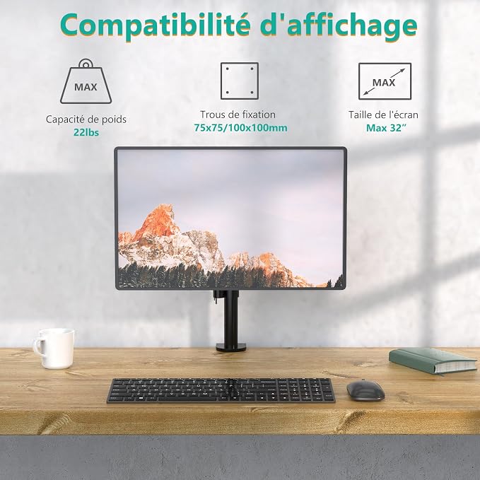 WALI Single Monitor Mount, Single Monitor Arm Desk Mount, Up to 32 inch Ultrawide, Regular Screens up to 27 inches, 22lbs, Adjustable Mount with C-CLAMP for Home Office Application(M001), Black - Image 2