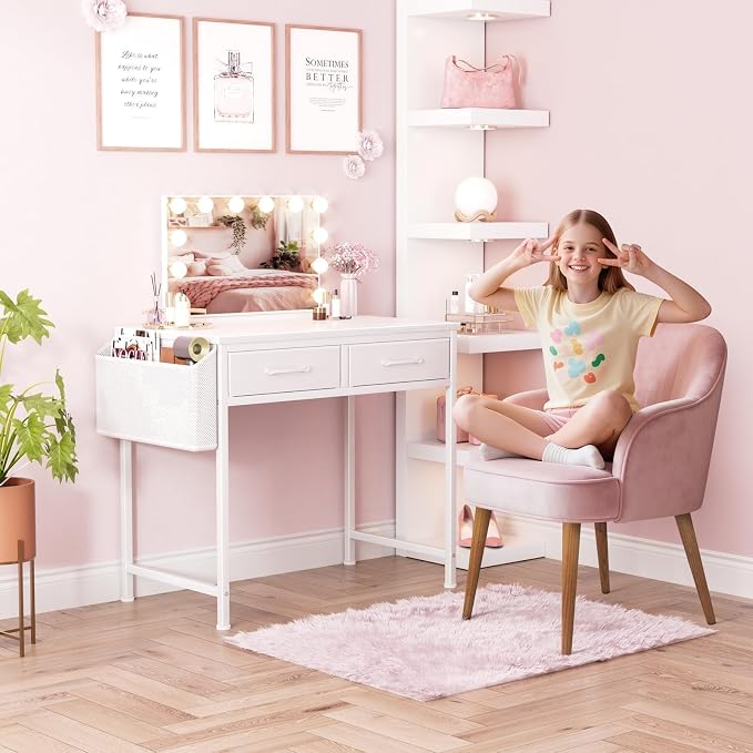DLisiting 32 Inch Small White Desk with 2 Drawers, Study Writing Computer Desk with Storage Drawer for Bedroom Home Office, Vanity Table Without Mirror for Girls Small Spaces - Image 4