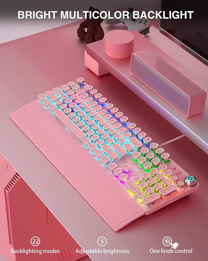 AULA F2088 Typewriter Mechanical Keyboard, Pink Retro Wired Gaming Keyboard with Blue Switches, Rainbow Backlit, Round Keycaps, Media Knob & Removable Wrist Rest - Image 4