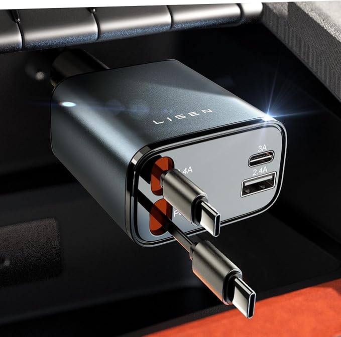 LISEN Retractable Car Charger, Duanl C Retractable Car Chagrer 84W Car Charger USB C Fast Charger Adapter, Car Accessories for Men Women, for iPhone 17 16 15 14 13 12 Pro Max, Grey by Lisen