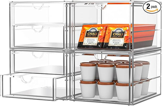 caktraie 4-Pack Acrylic 6-Drawer Office & Makeup Storage Organizer,Desk | Smooth-glide drawers, clear body, dustproof, wipe clean, for stationery, lipsticks, blush palettes, hair clips, sticky notes by shoeboxesanddeskorganizers