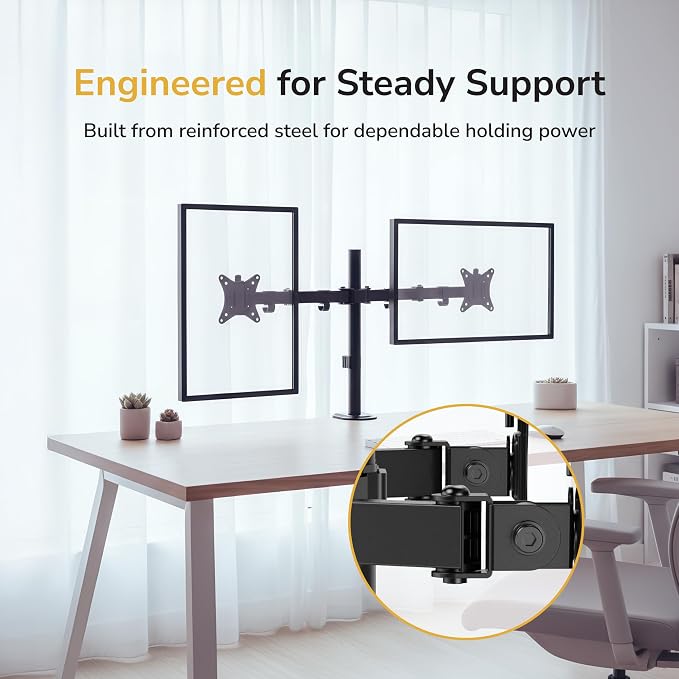 Mount-It Dual Monitor Arm, Desk Mount for 2 Screens 13-32 in, Steel | Holds up to 19.8 lbs Each, Full Motion Tilt Swivel Rotate, VESA 75x75 100x100, Cable Management, C-Clamp or Grommet, Black - Image 3