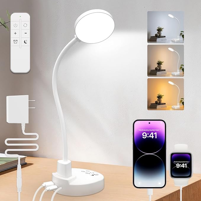 15W LED Desk Lamp with USB Charging Ports, [Button & Remote Control] Dimmable Table Lamp with 3 Color Modes, 5 Brightness Levels, 4 Timers, Flexible Reading Light for Home Office, Bedroom, Kids Study by Unknown
