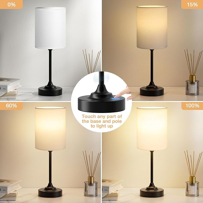 Fenmzee Touch Nightstand Bedroom Lamp - 3 Way Dimmable Bedside Lamp, Small Table Lamp Linen Lampshade for Office Desk, LED Bulb Included - Image 2