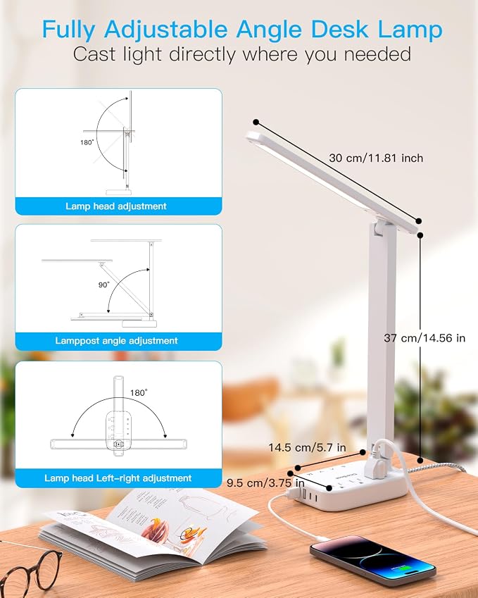LED Desk Lamp, 10Ft Power Strip with 3 Outlets 4 USB Ports(2 USB C), White | One Beat 4 Modes 5 Level Brightness Touch Lamp, Small Desk Lamp for Home Office College Dorm Essentials, Study Reading Light - Image 6