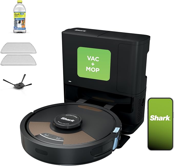Shark Matrix Plus 2in1 Robot Vacuum & Mop with Sonic Mopping, Matrix Clean, Home Mapping, HEPA Bagless Self Empty Base, CleanEdge, for Pet Hair, WiFi, Compatible with Alexa, Black/Gold (AV2613WA) by Unknown