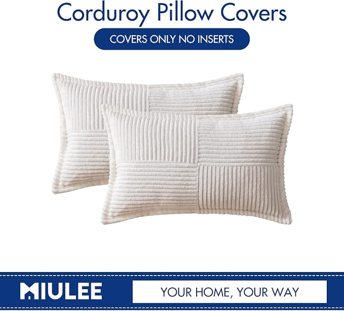 MIULEE Decorative Lumbar Throw Pillow Covers for Couch Bed Livingroom 12x20 Inch Set of 2 White Boho Accent Throw Pllows Broadside Striped Patchwork Soft Corduroy Pillowcases - Image 6