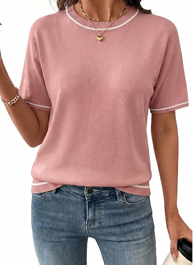 SHEWIN Womens Tops Trendy Short Sleeve Shirts Crewneck Lightweight Knit Sweater Top Business Casual Outfits by SHEWINBeYourFashionStylist
