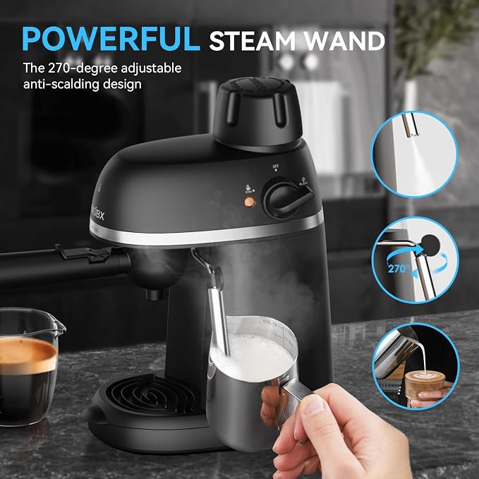 XIXUBX Compact Espresso & Cappuccino Machine, 3.5 Bar with Steam Wand | 800W Fast Heating, Safety Lock & Tritan Cup, One-Touch 4-Cup Brewing & Powerful Steam for Latte, Black for Home & Office - Image 3