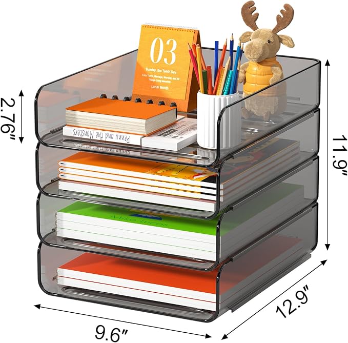 FANXIYQ 4-Tier Acrylic Paper Tray Organizer, Brown Office Paper Organizer | Stackable, Tool-Free Design with 2-4 Tiers for A4 Paper, Files, Books and Mail; Ideal for School, Home Office and Study Room - Image 5