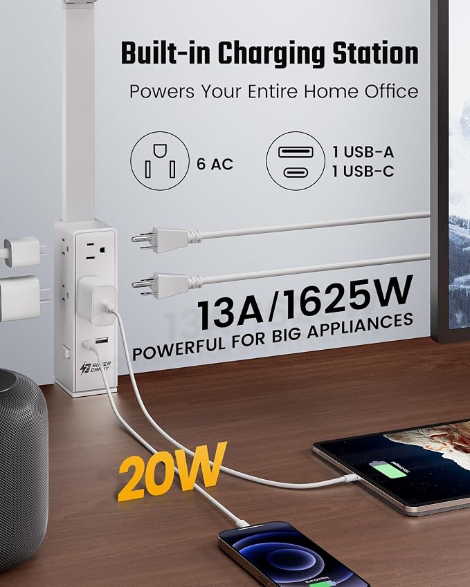 SUPERDANNY LED Desk Lamp with Power Strip (6 Outlets, 1 USB, 1 Type-C) for Home Office, Desk Light Computer Light with Clamp, Architect Desk Lamp with Smooth Dimming 5 Colors (White) - Image 2