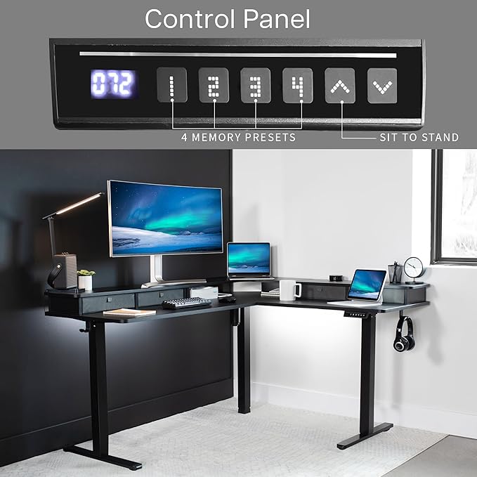 VIVO Black 63 x 55 in Corner Standing Desk, DESK-E3CVB | Electric, 2-Tier, L-Shaped, Sit Stand, Height Adjustable, Memory, Black Top, Black Frame, Dark Gray Drawers - Image 5