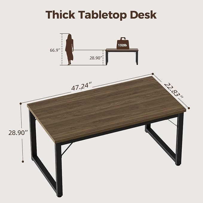 Mericonia 48 Inch Computer Desk, 1" Thick Small Office Table, Walnut | Modern Simple Style, Heavy Duty Industrial Frame, Small Study & Writing Table for Home Bedroom Work - Image 2