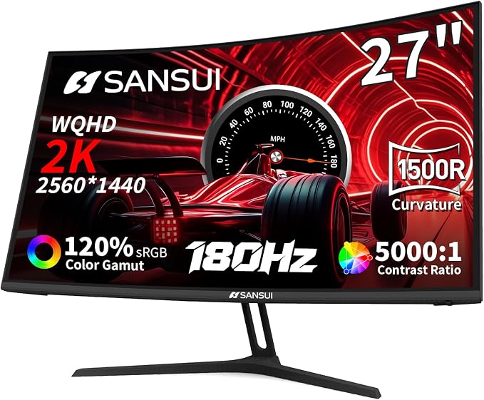 SANSUI 27 Inch WQHD 2560X1440 Curved Gaming Monitor, 180Hz MPRT 1ms Computer Monitor,HDMI2.0 * 2, DP1.2 * 2, Freesync, Curved 1500R, 5000:1 Contrast Ratio, 120% sRGB,HDR(ES-G27C1Q DP Cable Included) by SANSUI
