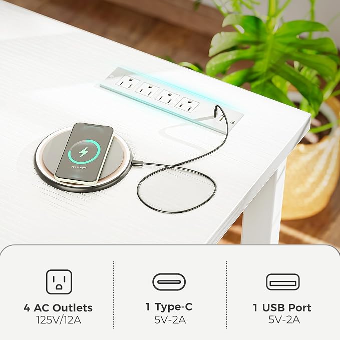 Huuger 48 x 24 inch Desk with Power Outlets & USB-C, Deeper & Thicker Desktop, Robust Metal Tubes, Computer Desk, Heavy Duty Office Desk, Work Gaming Desk for Home Office, White - Image 4
