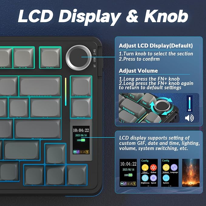 AULA S75 PRO Wireless Mechanical Keyboard with Screen&Knob, Tri-Mode Hot Swappable Gaming Keyboard 75%, Pre-lubed Switches, RGB Backlit, Side Printed PBT Keycaps, Creamy Sounding Computer Keyboards - Image 3