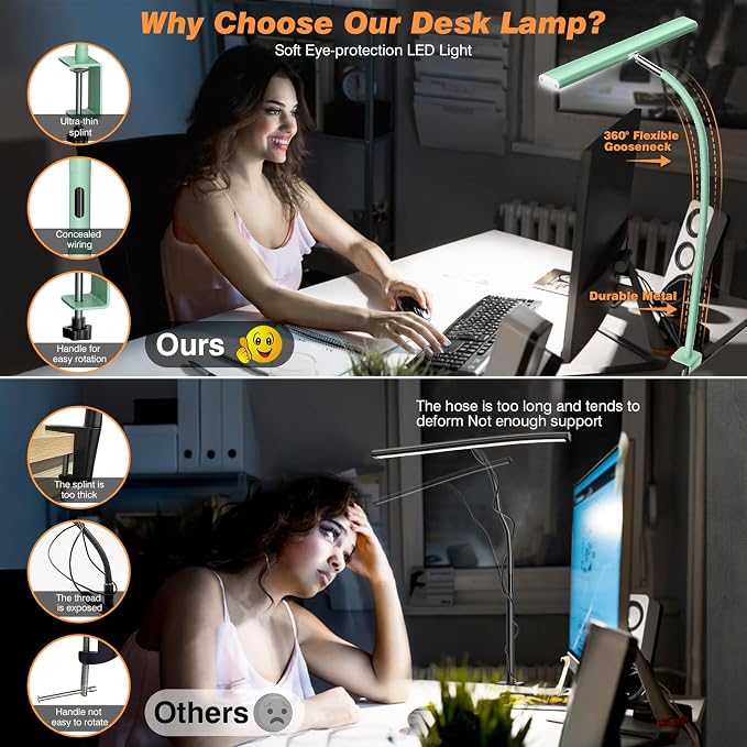 Airlonv LED Desk Lamp for Office Home, Eye-Caring Desk Light with Stepless Dimming Adjustable Flexible Gooseneck, 10W USB Adapter Desk Lamp with Clamp for Reading, Study, Workbench (Mint Green) - Image 4