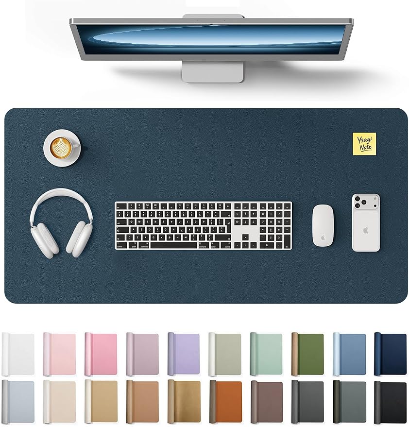 YSAGi Leather Desk Protector, Office Mat, Large Mouse Mat, Non-Slip PU Leather Blotter, Laptop Pad, Waterproof Writing Pad for Office and Home (Dark Blue, 31.5" x 15.8") by YSAGi