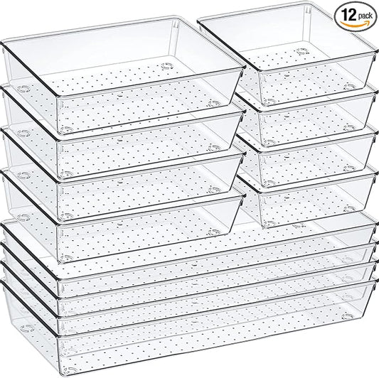 12 Pack Clear Plastic Drawer Organizer Set, Acrylic Non Slip Non Cracking Kitchen Drawer Storage Tray Large Size Divider, Multifunctional Storage for Cosmetics, Bathroom, Tools, Kitchen and Office by Criusia