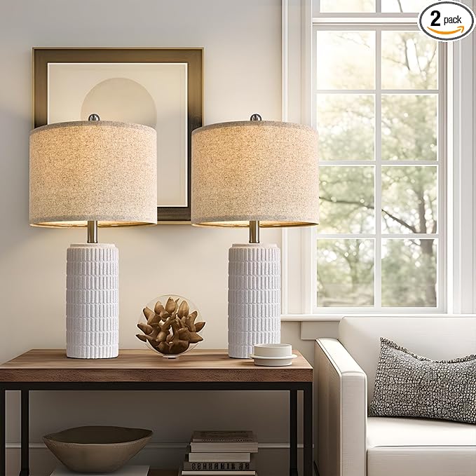 PoKat 23" Table Lamp, Farmhouse Bedside Lamps for Bedroom Set of 2, Ceramic End Table Lamps for Living Room, Traditional Nightstand Desk Lamps, Frosted White Lamps, Medium by Pokat