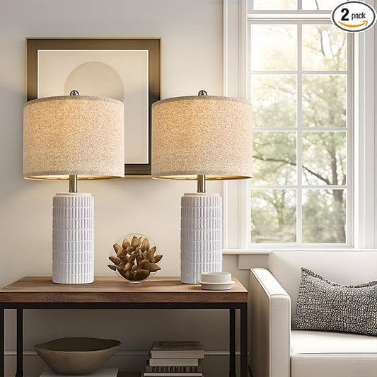 PoKat 23" Table Lamp, Farmhouse Bedside Lamps for Bedroom Set of 2, Ceramic End Table Lamps for Living Room, Traditional Nightstand Desk Lamps, Frosted White Lamps, Medium by Pokat
