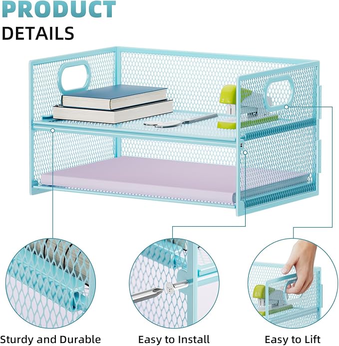 Marbrasse 2 Tier Paper Organizer Letter Tray, Mesh File Organizer with Handle, Paper Sorter Desk Organizer for Home Office Supplies - 2P Blue - Image 2