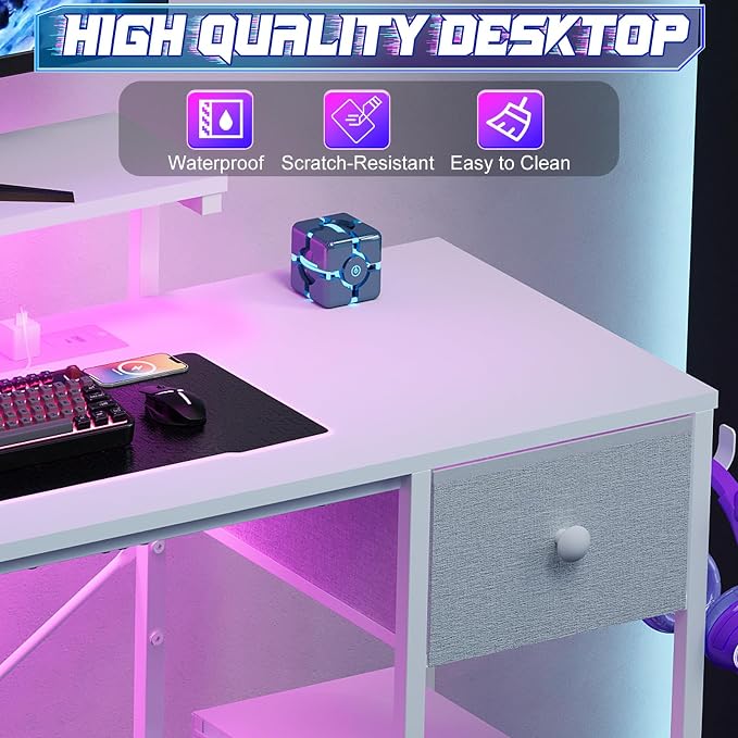 X-cosrack 33.5" Small Computer Desk with Monitor Stand & Outlets, Small Gaming Desk with LED Light & CPU Stand, Teen Study Writing Table with Storage Drawer, Side Hooks for Bedroom, Home Office White - Image 9