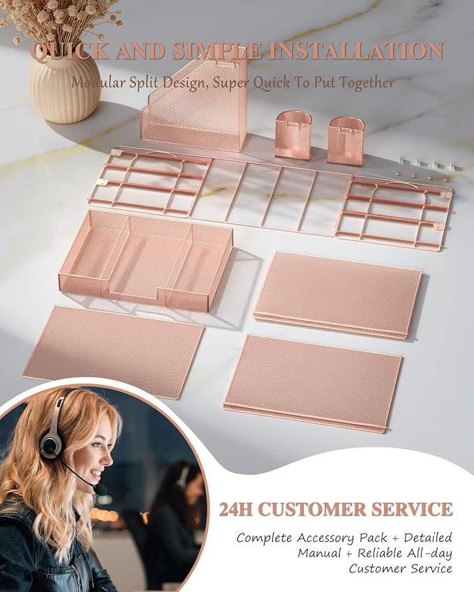 WALI Desk File Organizer, 4 Tier Desktop Paper Letter Tray Organizer with Drawer and 2 Pen Holders, Office Desk Accessories & Workspace Organizers for Office, Home, School Supplies, 1 Pack, Rose Gold - Image 8