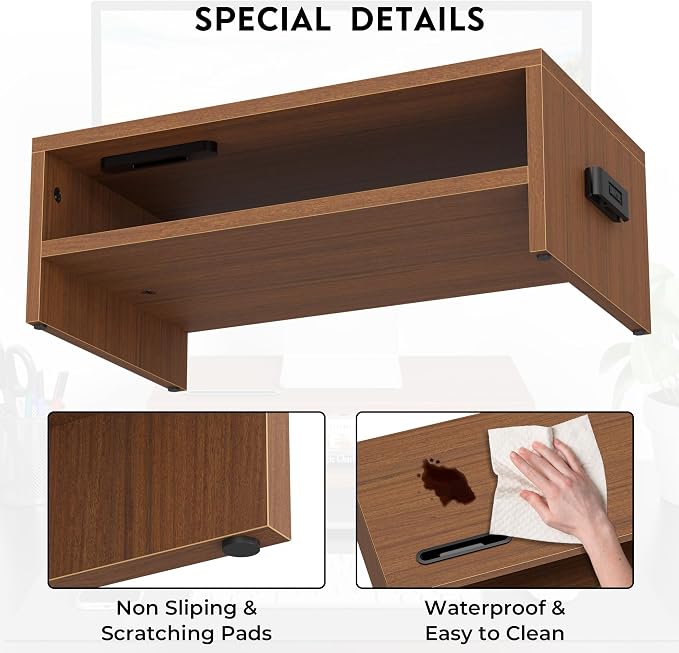 BONTEC Wooden Monitor Stand Riser, 2-Tier Desk Shelf with Storage Organizer, Ergonomic Computer Stand with Cable Management, Cellphone Holder, Walnut, 16.5 Inch - Image 7