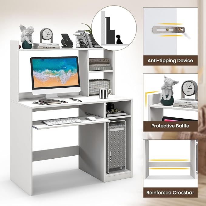 Giantex Computer Desk with Hutch, 43.5 Inch Home Office Desk with Keyboard Tray & Charging Station, Laptop PC Table for Workstation, Modern Study Writing Desk for Small Space, Bedroom, White - Image 5