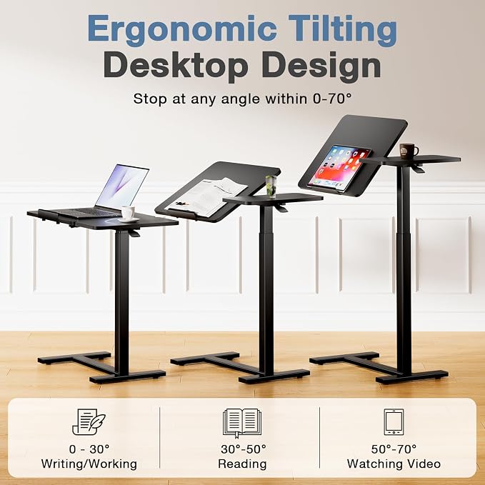 Adjustable Standing Desk Rolling Laptop Table with Wheels, Black | Tiltable Desktop Design for Comfortable Work, Reading and Study Spaces - Image 4