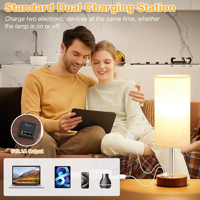 Dicoool Bedside Table Lamp for Bedroom - 3-Way Dimmable Touch Lamp, USB A+C | LED Bulb Included, 14" Small Nightstand Lamp for Desk, Living Room, Guest Room, Cream Fabric Lampshade, Redwood Metal Base - Image 4
