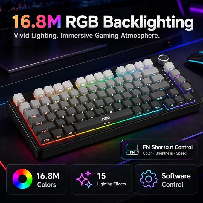 AOC GK330 75% Wireless Mechanical Gaming Keyboard, Hot-Swappable 3-Mode RGB | BT/2.4GHz/USB-C Connectivity, Pre-Lubed Reaper Switches, Anti-Ghosting, Gasket Mount and 5-Layer Sound-Dampening Padding - Image 6