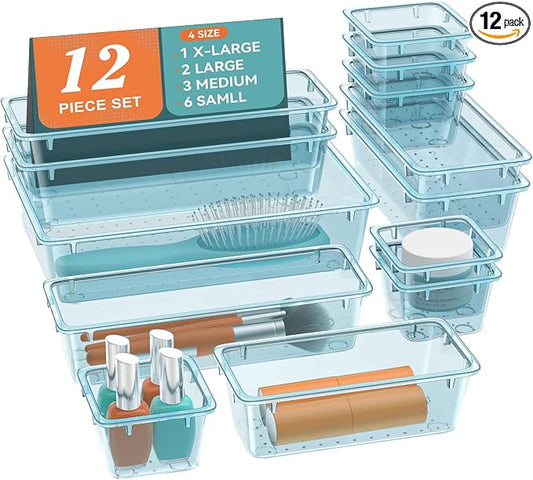 ElegantArray 12 PCS Drawer Organizer Set, Makeup Organizers, Sea Blue | 4 Sizes, Plastic, Stackable, Multiple Gadgets, Desk Drawer Divider Organizers, for Makeup, Office Supplies Storage by Unknown