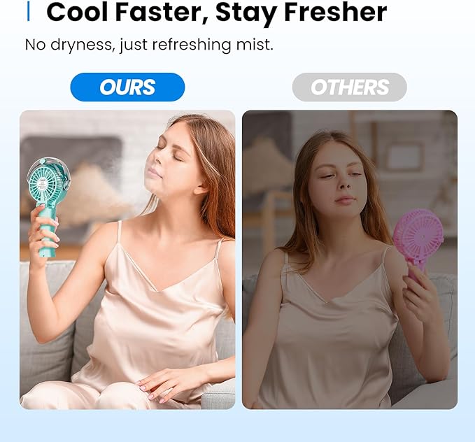 KIBEE Portable Misting Fan - 4000mAh Rechargeable, 50ml Water Tank, Foldable 180° Handheld with Mist Spray, 3-Speed Personal, Portable Charger for Travel, Outdoors, Makeup & More(Green) - Image 5