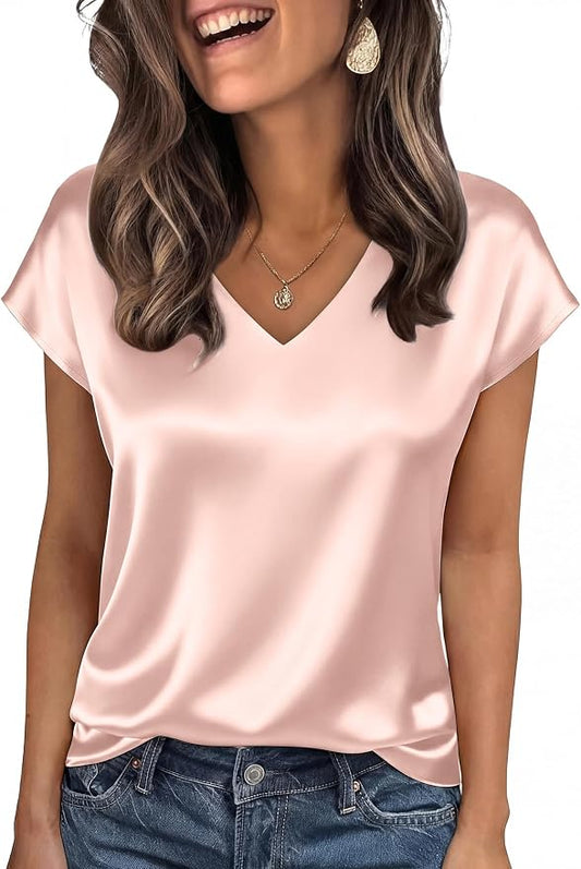 WIHOLL Womens Satin Summer Tops Cap Short Sleeve Blouses V Neck Shirts Business Casual Outfits Fashion Clothing 2026 by WIHOLL