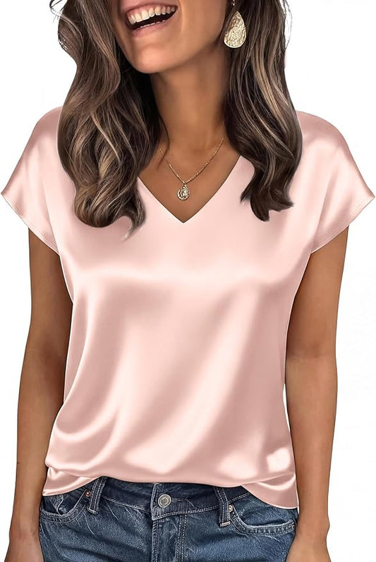 WIHOLL Womens Satin Summer Tops Cap Short Sleeve Blouses V Neck Shirts Business Casual Outfits Fashion Clothing 2026 by WIHOLL