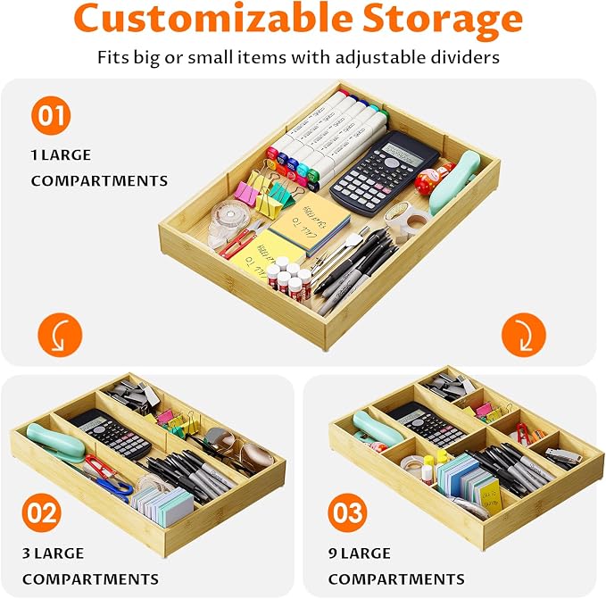 Bamboo Drawer Organizer with 9 Adjustable Compartments, Office Desk Organization Tray for Office Utensils, Supplies, Makeup, Jewelry, and More – Ideal for Desk or Drawer Storage - Image 3