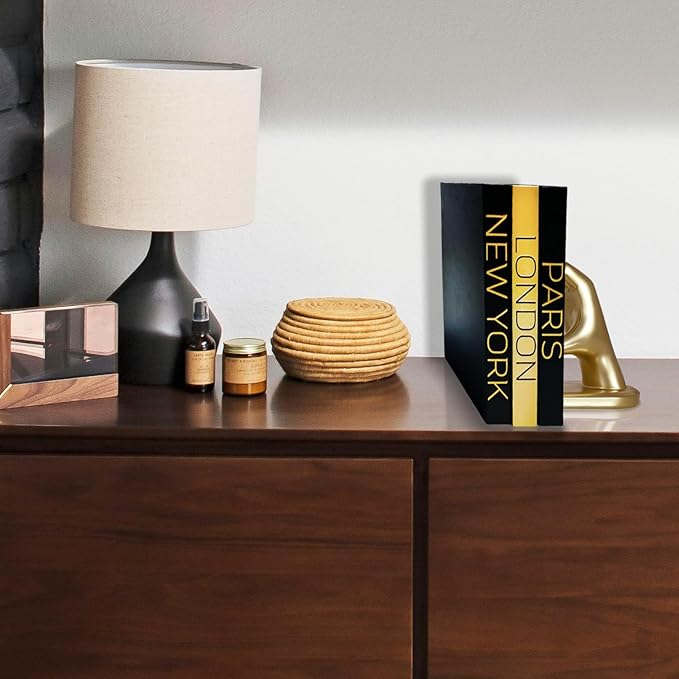AZEZO Set of 3 Decorative Books for Home Decor – Decorative Hardcover Display Faux Books for Bookshelf and Coffee Table – Black and Gold Foiled – Paris London New York Themed - Image 3