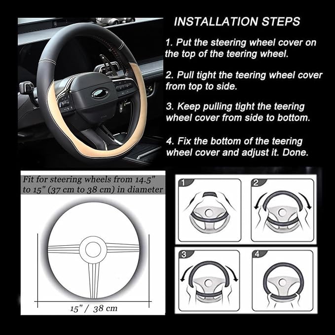 Valleycomfy Microfiber Leather Steering Wheel Cover Universal 15 inch (Beige) - Image 6